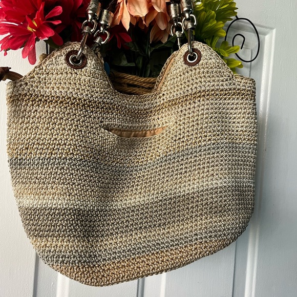 The Sak Shoulder Bag Double Woven Removable Leather Handles Tan Stripe Crochet - Picture 6 of 6